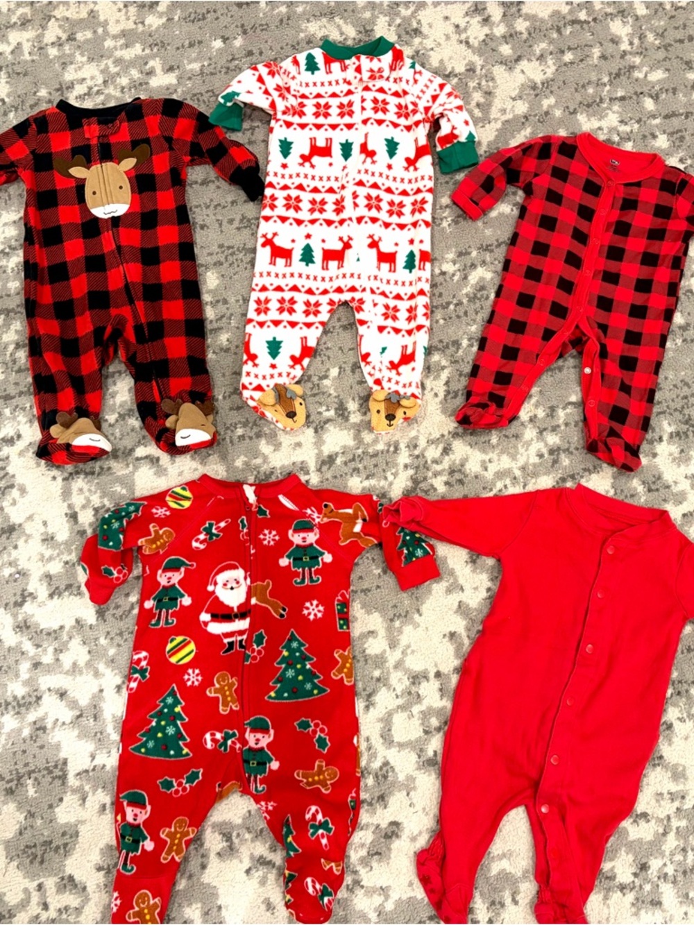 5 pairs of Baby Christmas footed one piece holiday pajamas 0-3 months unisex